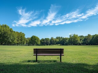 Fototapeta premium peaceful park bench overlooking lush green field