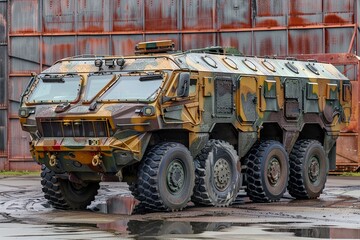 A military transport vehicle with adaptive camouflage parked in front of a building, ready for deployment