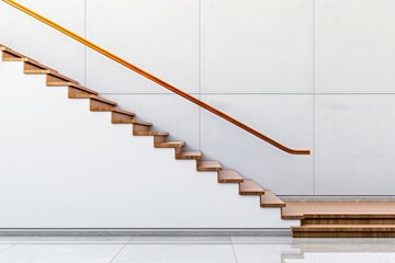 modern wooden staircase with orange handrail in minimalist interior