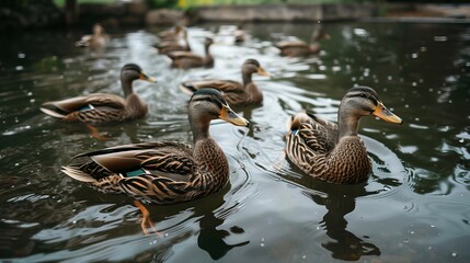 Obraz premium A group of ducks swimming peacefully in a pond surrounded by lush greenery, reflecting the calm and serene atmosphere of nature.
