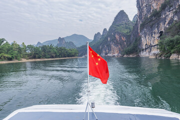 View of Li River at ship cruise time. Yangshuo. Guangxi Province.