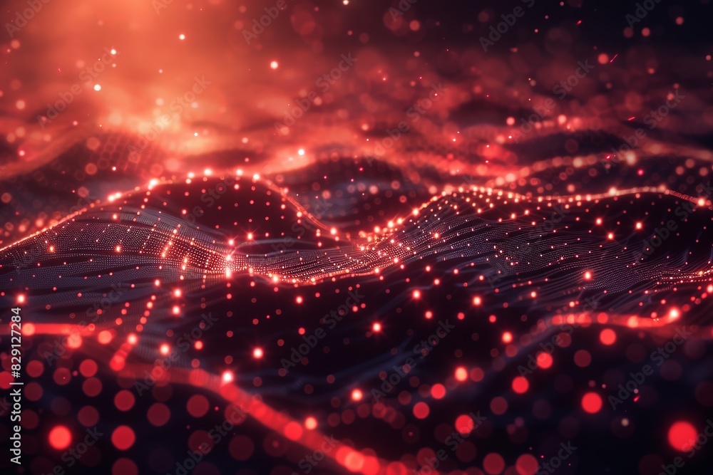 Poster abstract digital landscape with red particles and glowing lines, representing data wave and futurist