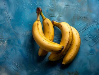 Bunch of ripe yellow bananas on blue abstract background