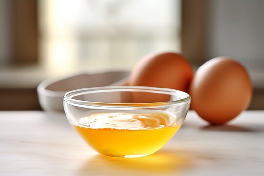 Clear glass bowl with beaten egg next to two whole eggs on a kitchen counter, ready for cooking or baking preparations.