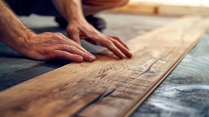 Close-up of craftsman's hands working on hardwood floor installation, highlighting precision and skill in woodworking and flooring craftsmanship.