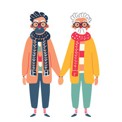 Two elderly men holding hands, both wearing glasses, scarves, colorful outfits, presenting cheerful friendship partnership. Senior friends bright winter attire reflecting warmth, togetherness