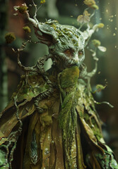 Fantasy creature with tree-like features, mossy beard, and branches in an enchanted forest