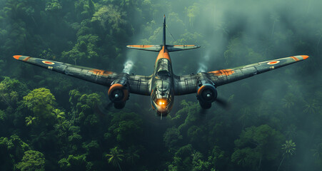 Vintage warplane soaring over lush tropical jungle with dense green foliage