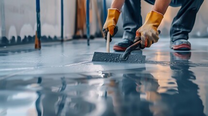 Construction worker applying epoxy floor coating, wearing gloves, creating a smooth finish in an industrial setting.