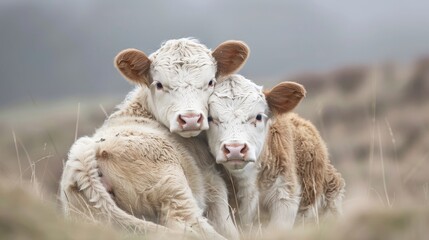 Obraz premium Affectionate Calves Displaying Tender Love Two Cows Posed Together in Loving Embrace
