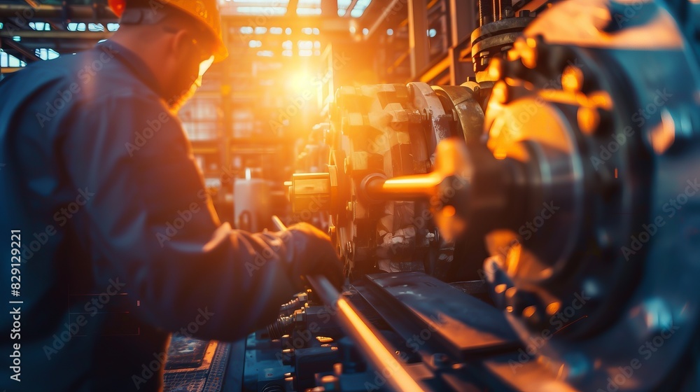 Poster engineer working on heavy machinery in a factory setting, with sunlight streaming through, creating 