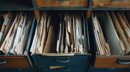 Business documents and paperwork arranged in a filing cabinet, symbolizing administration and efficiency
