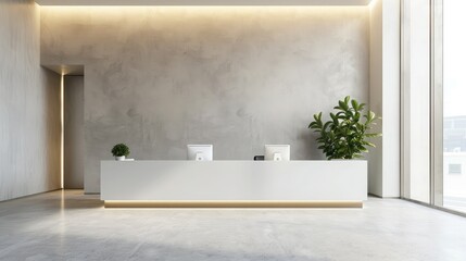 Business office lobby with minimalist decor and reception desk, illustrating professionalism and...