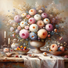 Magnificent oil paint still life with bouquet of different flowers