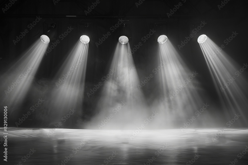 Poster spotlights shining onto an empty stage with a foggy atmosphere, creating a dramatic and captivating 