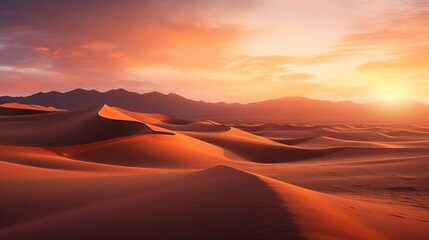 Naklejka premium Stunning desert landscape at sunset with rolling sand dunes and distant mountains under a colorful sky.