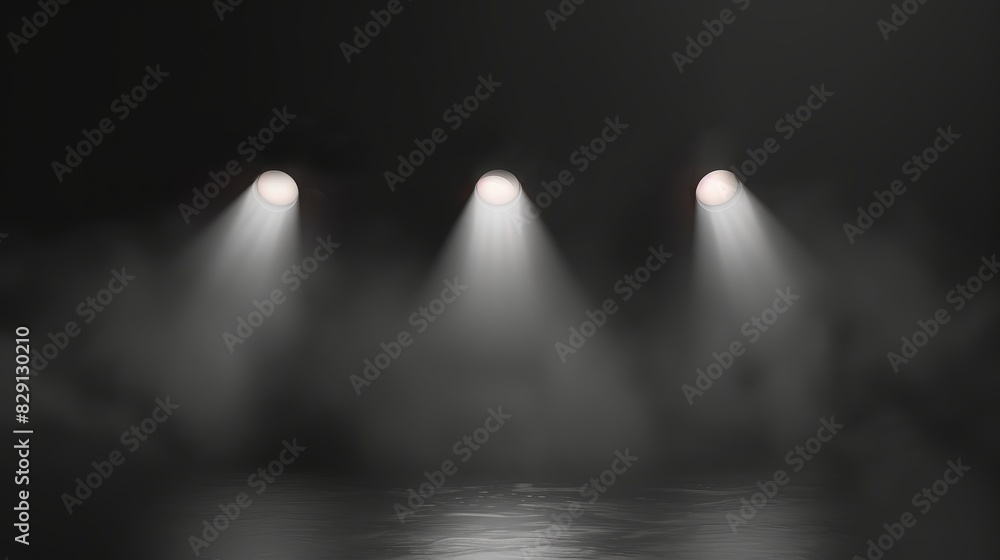 Poster three spotlights cast beams of light through fog onto a dark stage, creating an atmospheric and dram