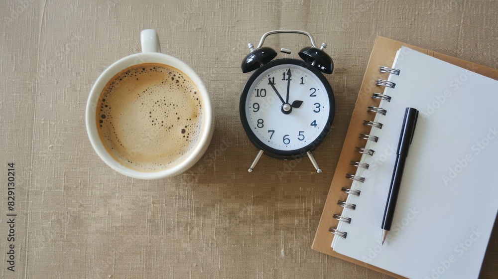 Poster an overhead view of an alarm clock next to a cup of coffee and a notebook on a desk, symbolizing the