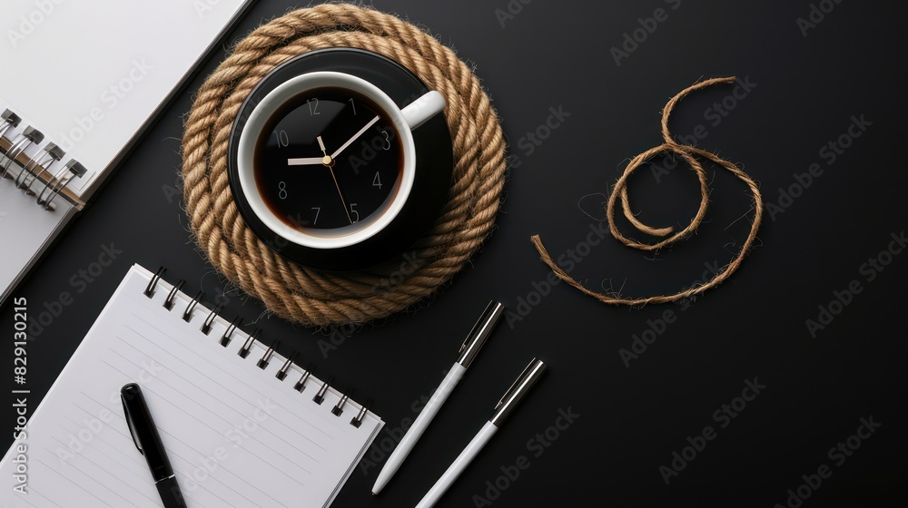 Poster an overhead view of an alarm clock next to a cup of coffee and a notebook on a desk, symbolizing the