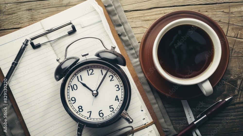 Poster an overhead view of an alarm clock next to a cup of coffee and a notebook on a desk, symbolizing the