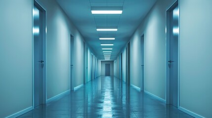 Empty office hallway with closed doors, representing opportunities and pathways in business