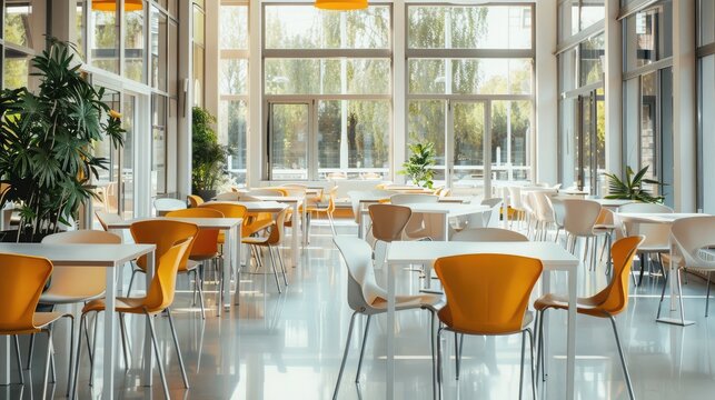 Empty office cafeteria with tables and chairs, representing relaxation and socialization