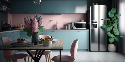 Modern elegant interior of a cozy studio in soft pastel colors