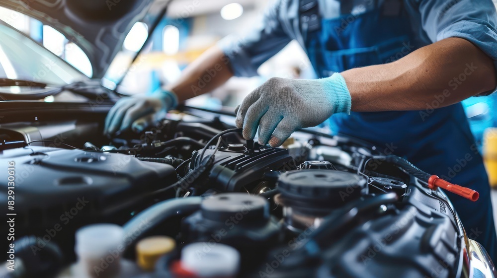 Poster auto mechanic fixing car engine with minimalist background