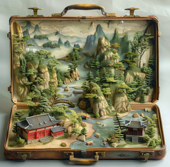 Fototapeta premium Open suitcase with a miniature mountainous landscape and pagodas