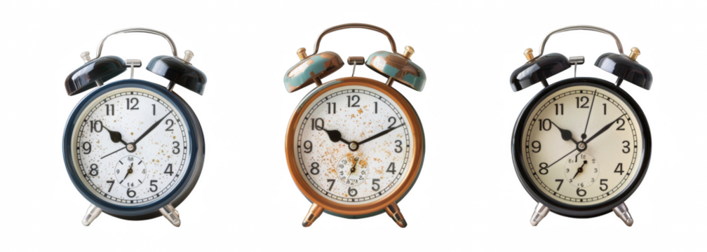 A set of three alarm clocks isolated on white background, vintage style, transparent background, png.