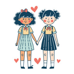 Two cute cartoon girls holding hands, smiling, happy friendship concept. Young female characters, school uniforms, love hearts around, friendly illustration. Cartoon schoolgirls pleated skirts