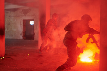  A group of professional soldiers bravely executes a dangerous rescue mission, surrounded by fire...
