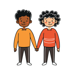 Two cartoon boys holding hands, happy faces, multicultural diversity. Young friends showing unity, colorful casual clothes, standing together. Boys bonding, smiling, friendly kids, simple style