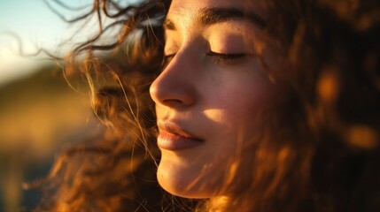 Portrait of a woman with her eyes closed facing the sun - Powered by Adobe