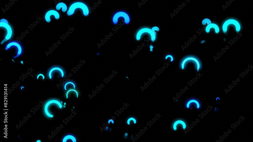 Poster neon rings move and vibrate in space. design. small neon rings vibrate in dark space. luminous rings