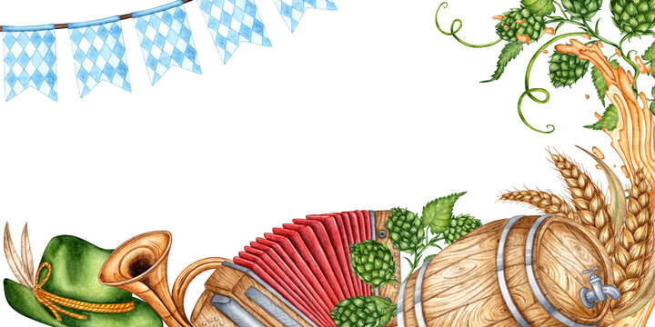 Oktoberfest banner isolated on background watercolor illustration. Traditional holiday elements Bavarian hat, beer mug, barrel, accordion, goon, holiday flags, wheat, hop leaves and beer splashes.