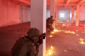  A group of professional soldiers bravely executes a dangerous rescue mission, surrounded by fire...