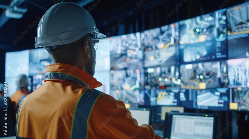 Poster a group of project managers is gathered in a control room closely monitoring the data and footage fr