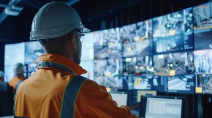 A group of project managers is gathered in a control room closely monitoring the data and footage from the sensors and cameras on the construction site.
