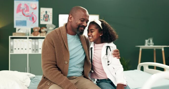 Girl, dad and happy to play doctor with hug, check and conversation with pretend on bed in house. African man, child and medical consultation for games, healthcare and costume in black family home