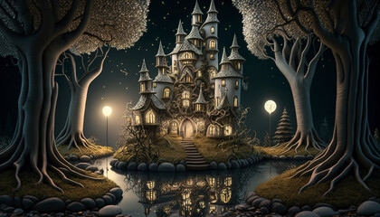 Obraz premium Enchanting fairy tale woodland. Surreal mystical fantasy artwork