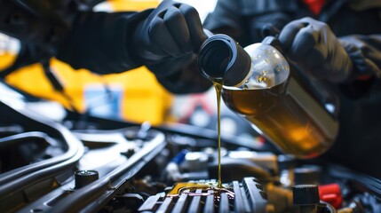 man mechanic pouring oil in the car engine