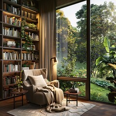 Fototapeta premium Cozy reading nook with a large window overlooking nature, providing a perfect spot for relaxation and immersion in a good book