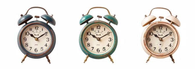 A set of three alarm clocks isolated on white background, vintage style, transparent background, png.
