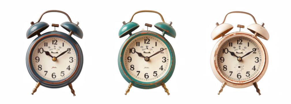 A set of three alarm clocks isolated on white background, vintage style, transparent background, png.