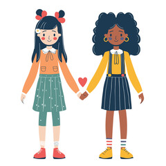 Two girls holding hands, diverse friendship, Asian African American characters, casual clothing, skirts, smiles, heart symbol between them, racial diversity, children, innocence, colorful flat