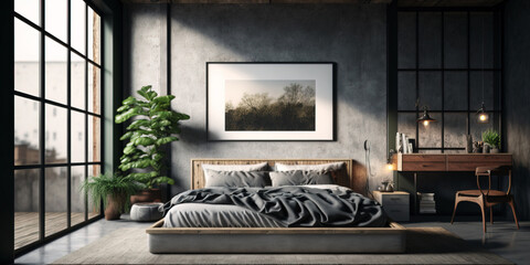 Modern industrial style bedroom interior with concrete walls