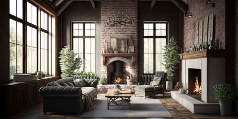 Rustic living room interior design with brick fireplace