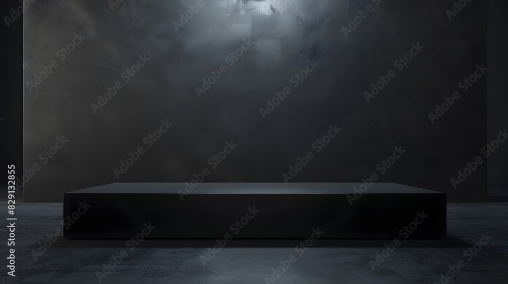Poster black podium or pedestal display on dark background with long platform. blank product shelf standing