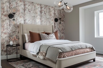 A contemporary bedroom with a statement , upholstered bed frame, and modern light fixtures.